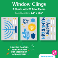 Three sheets of Hanukkah-themed window clings on a green background with product details.