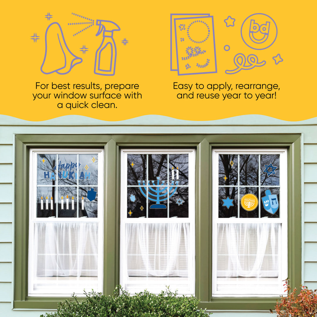 Decorative window clings with Hanukkah theme on a window with yellow background and text.