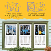 Decorative window clings with Hanukkah theme on a window with yellow background and text.