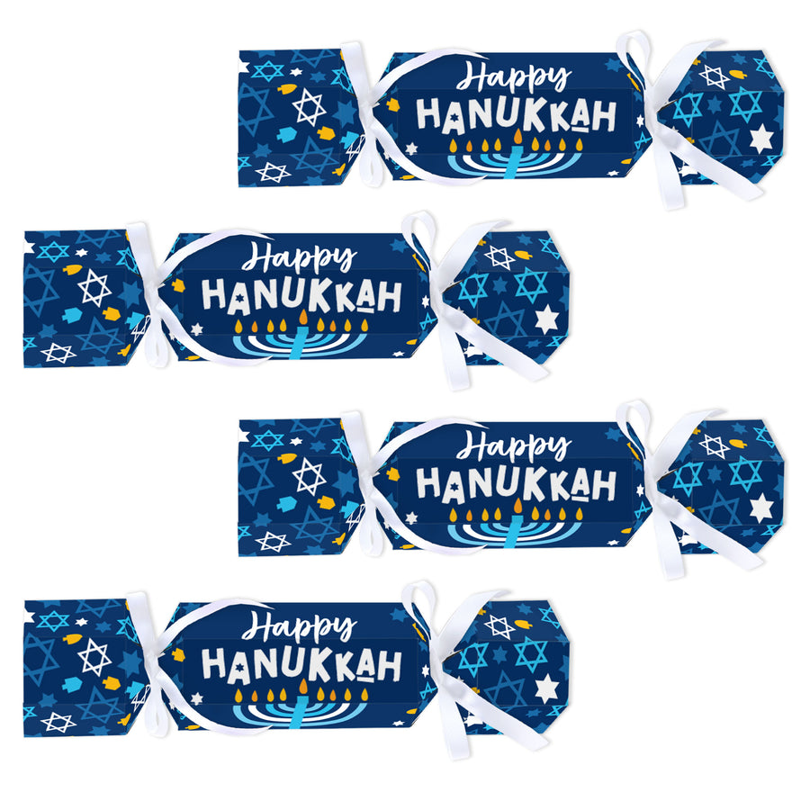 A set of 12 flat, cardstock party favor boxes designed for Hanukkah celebrations, with 'Happy Hanukkah' text and Menorah illustrations, ready to be assembled into candy-shaped crackers.