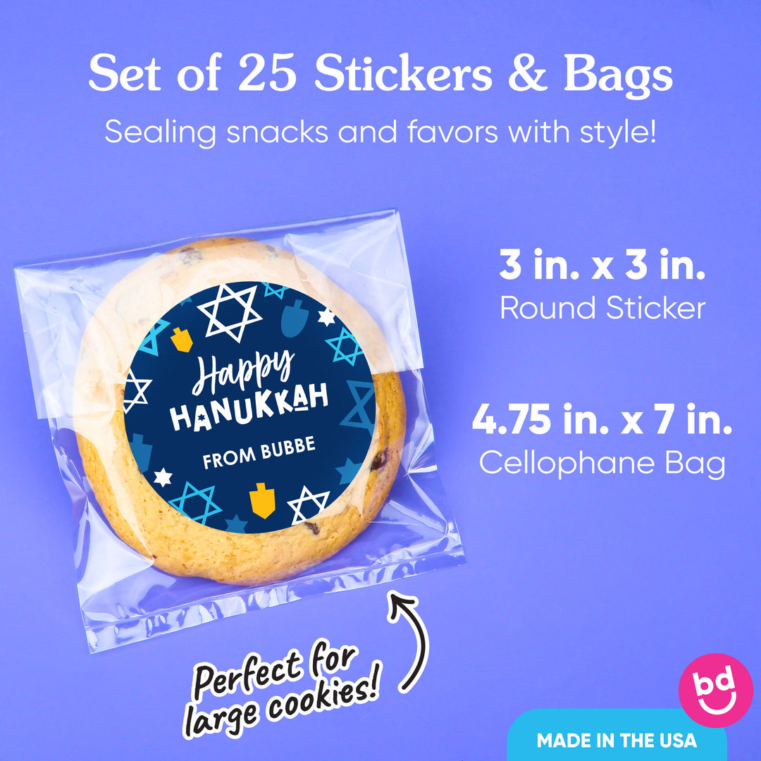 Custom Text Stickers & Clear Cookie Bags - Hanukkah - 25 Ct