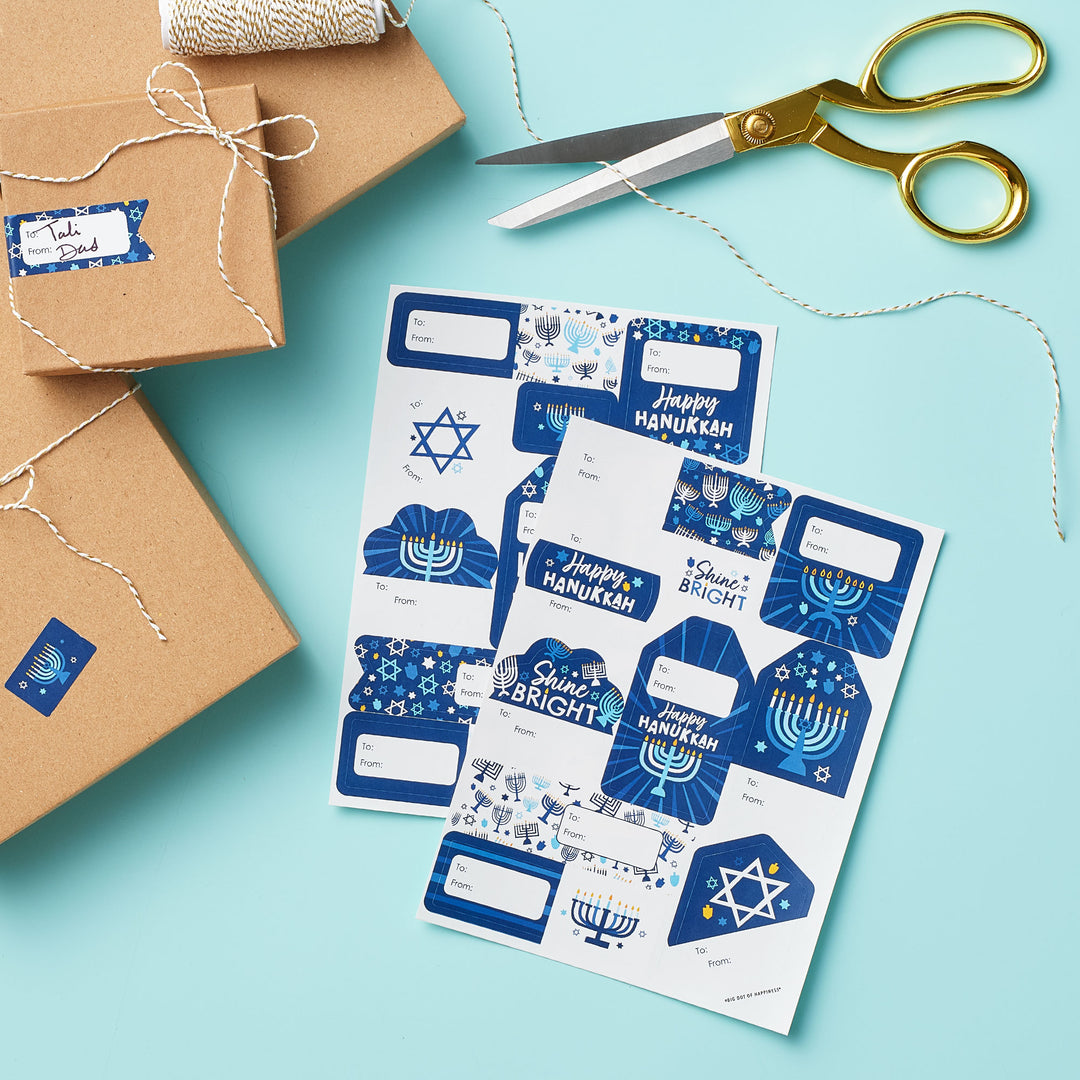 Hanukkah Menorah - Assorted Chanukah Holiday Party Gift Tag Labels - To and From Stickers - 12 Sheets - 120 Stickers
