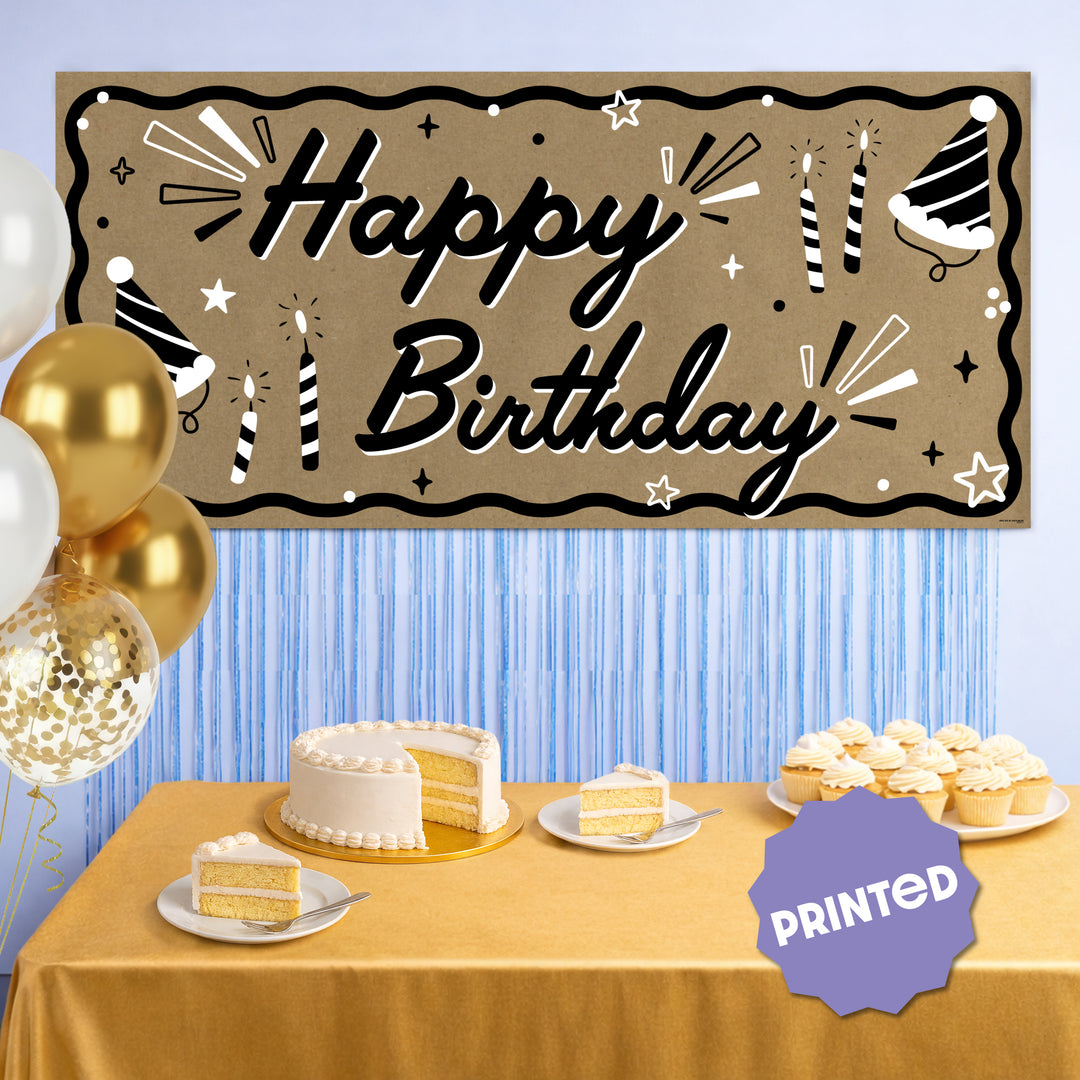 Birthday dessert table backdrop with kraft banner