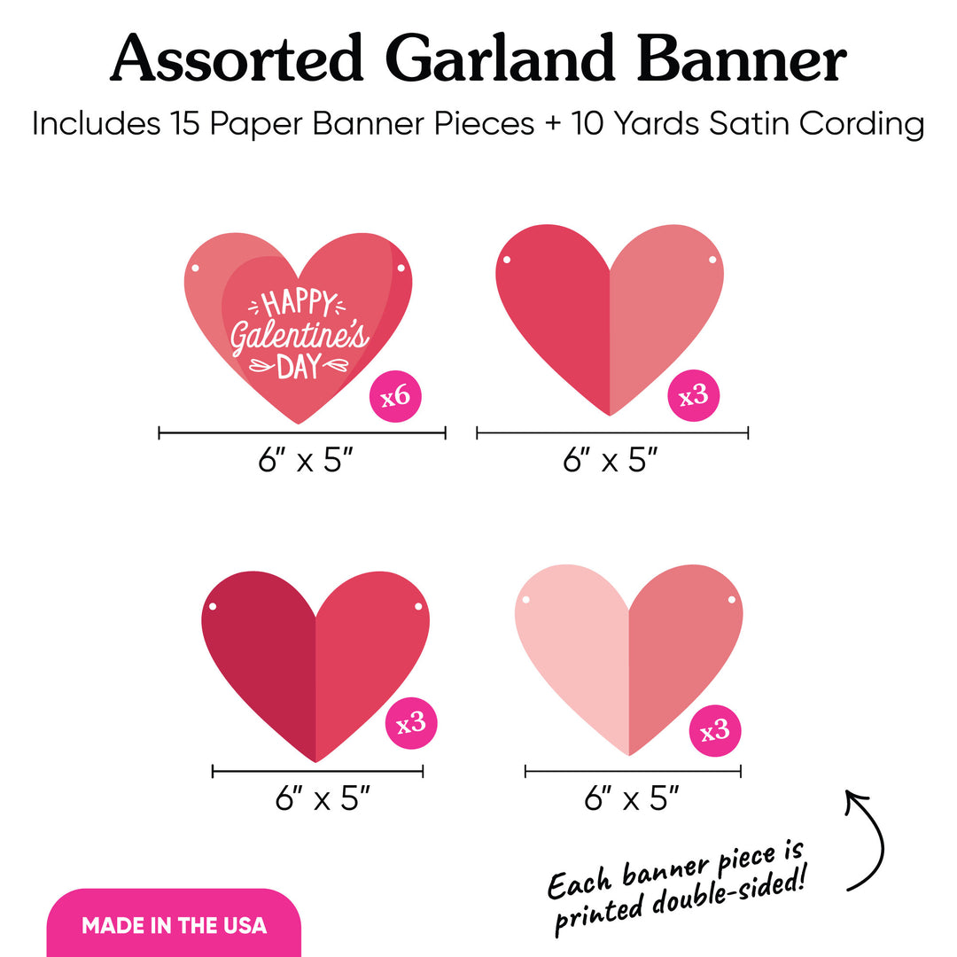 Assorted Garland Banner with heart shapes and Valentine's Day text, including dimensions and quantity details.
