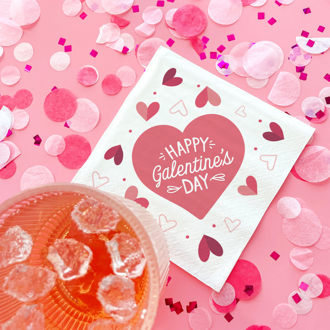 Cute Valentine's Day Napkin with heart design on a pink background with confetti