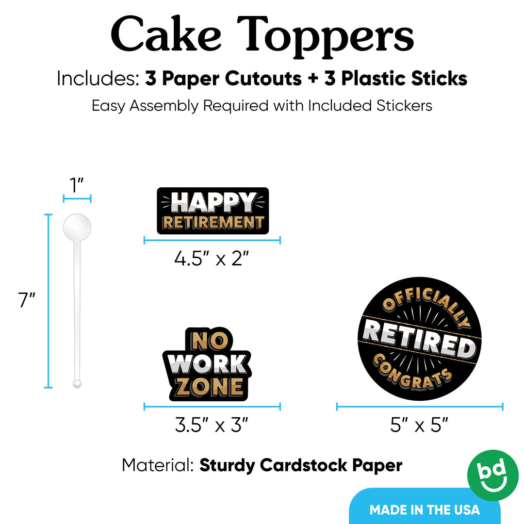 3 count retirement cake topper set with clear sticks included