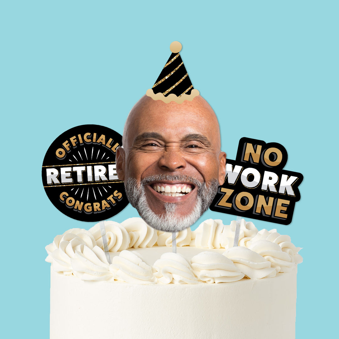 Happy Retirement custom cake topper set with photo face and icons