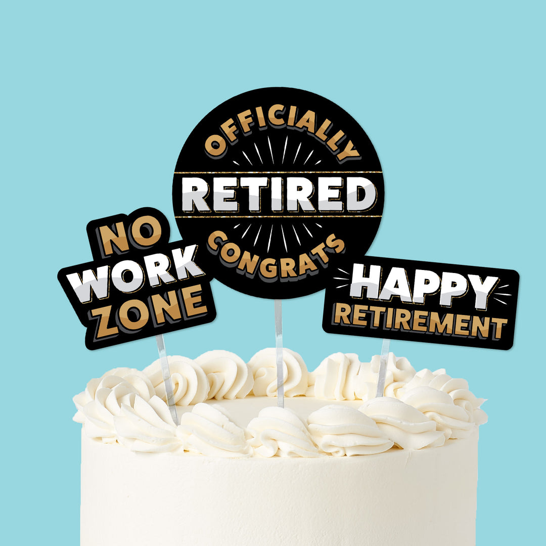Happy Retirement cake toppers 3 piece set on decorated party cake