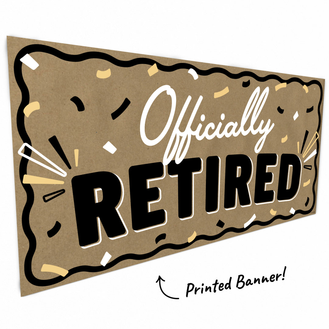 Close-up of hand-painted style Officially Retired kraft banner lettering