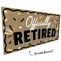 Close-up of hand-painted style Officially Retired kraft banner lettering