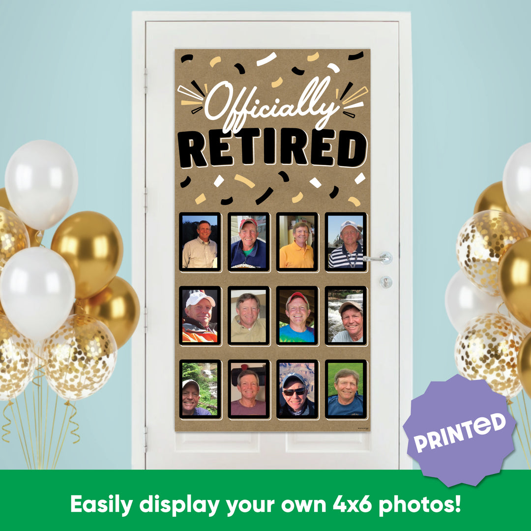 Happy Retirement banner black white gold design close-up