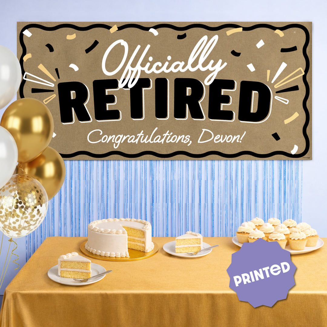 Retirement party backdrop with personalized kraft banner