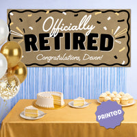 Retirement party backdrop with personalized kraft banner