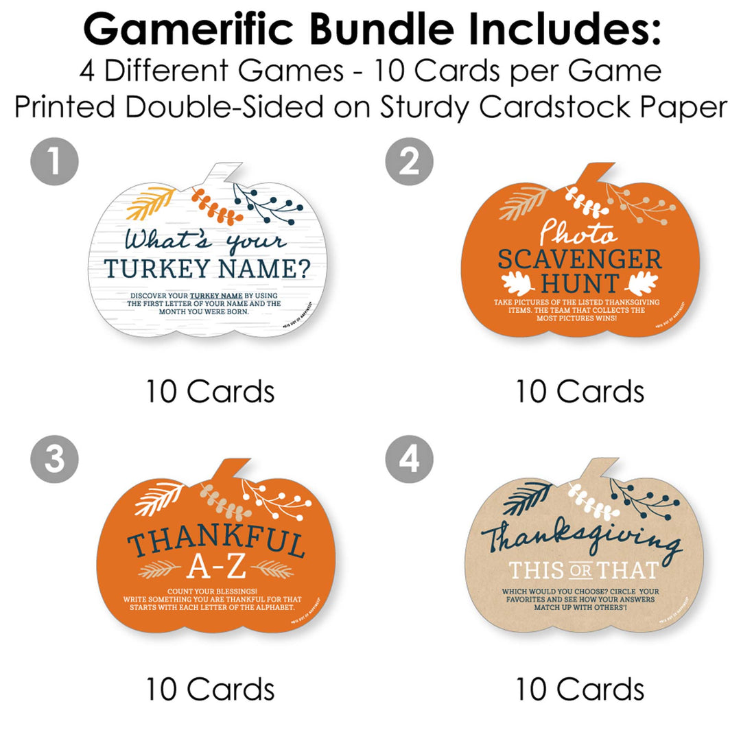 Happy Thanksgiving - 4 Fall Harvest Party Games - 10 Cards Each - What's Your Turkey Name, Photo Scavenger Hunt, This or That, Thankful A-Z - Gamerific Bundle