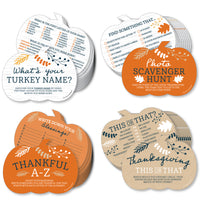 Four Thanksgiving-themed party game cards with different activities including 'What's Your Turkey Name', 'Photo Scavenger Hunt', 'This or That', and 'Thankful A-Z'.
