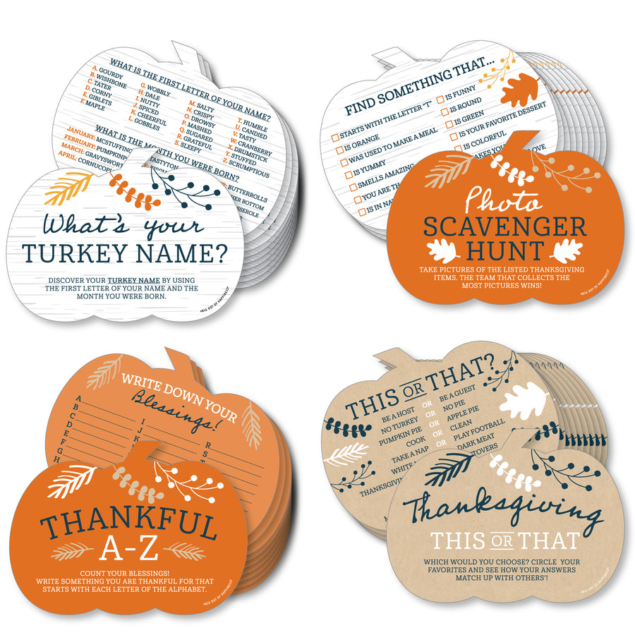 Four Thanksgiving-themed party game cards with different activities including 'What's Your Turkey Name', 'Photo Scavenger Hunt', 'This or That', and 'Thankful A-Z'.