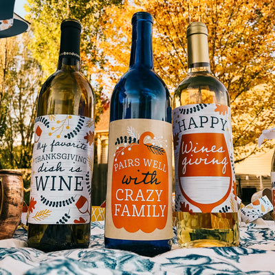 Happy Thanksgiving - Fall Harvest Party Decorations for Women and Men - Wine Bottle Label Stickers - Set of 4