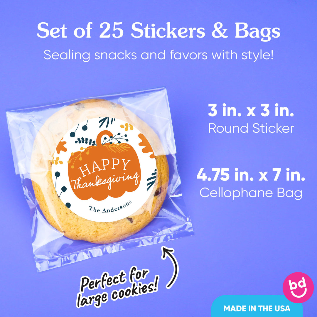 Custom Text Stickers & Clear Cookie Bags - Happy Thanksgiving