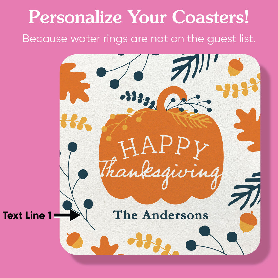 Custom Text Drink Coasters - Happy Thanksgiving - 25 Ct