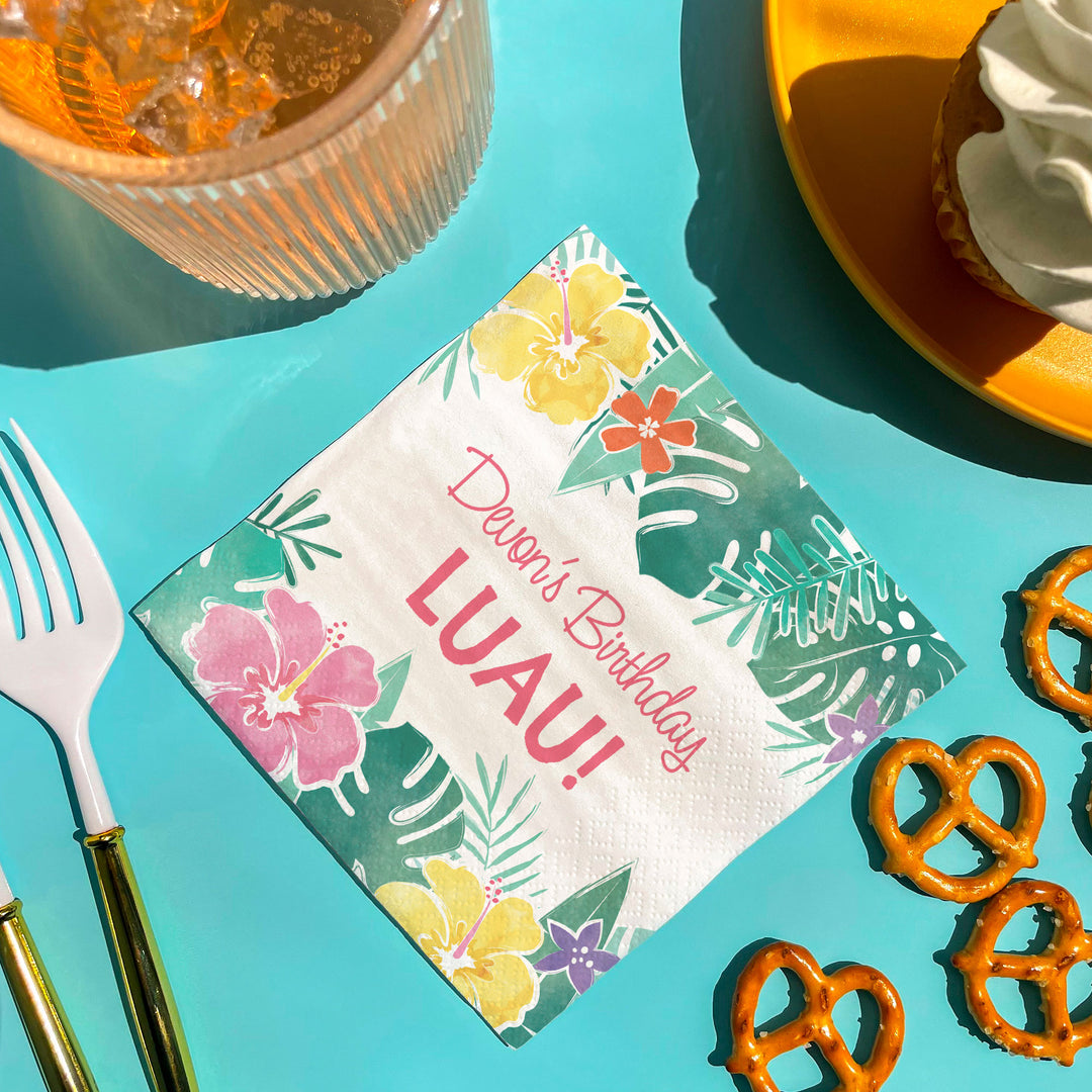 Personalized Hawaiian Luau party napkins with custom text and tropical design.