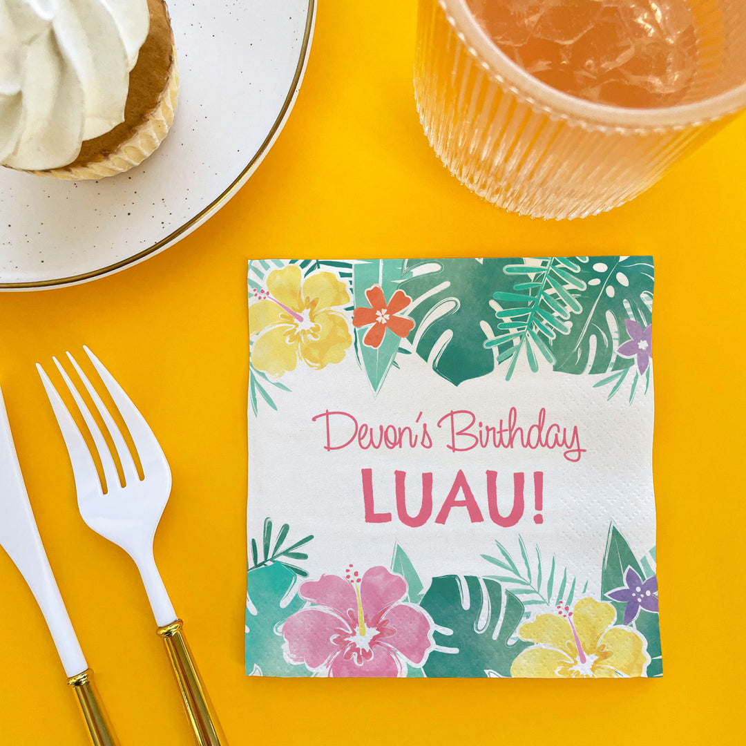 Customizable Hawaiian Luau cocktail napkins for tropical themed birthday celebrations.