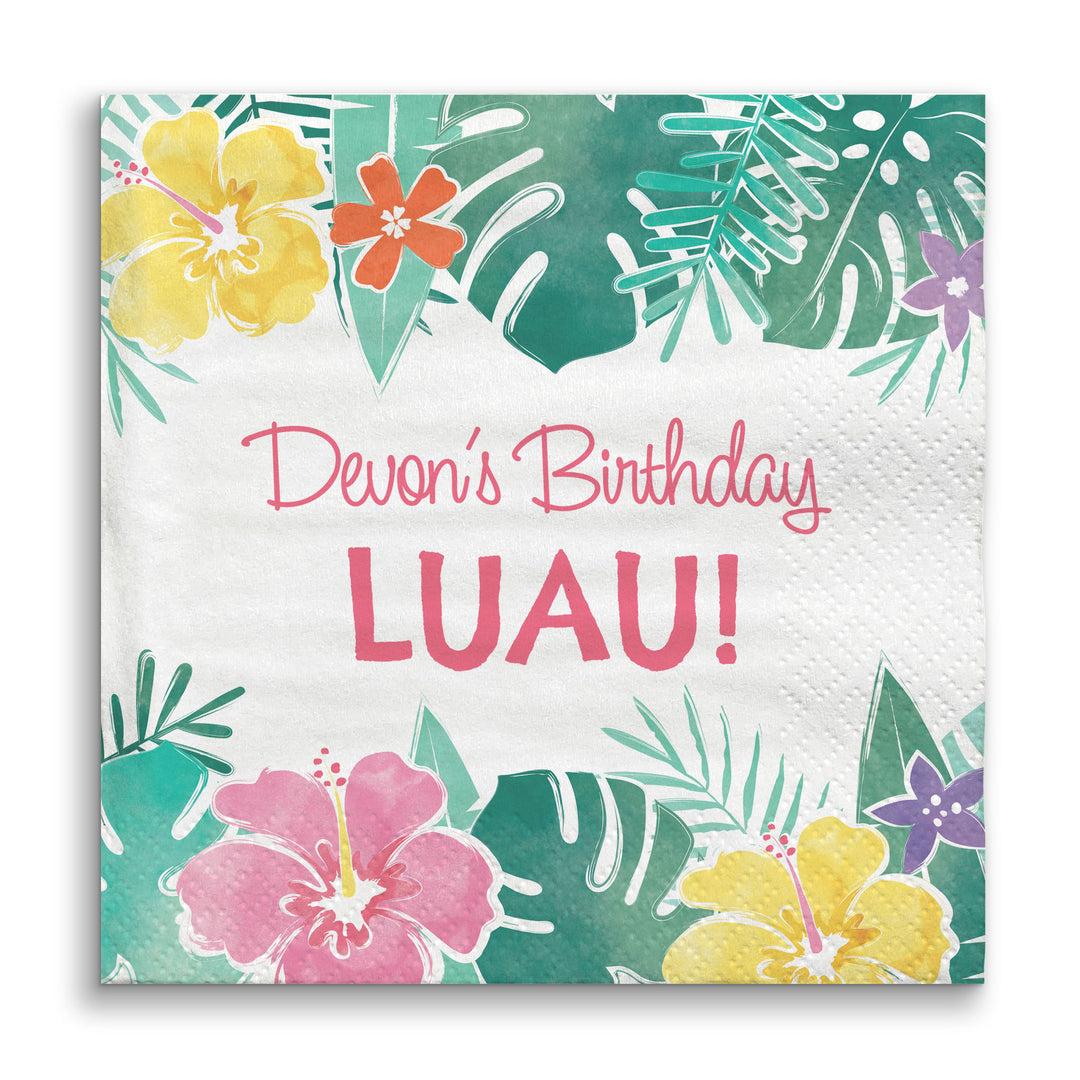 Custom text Hawaiian Luau napkins – personalized tropical party cocktail napkins.