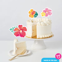 tropical party cake styled with floral toppers