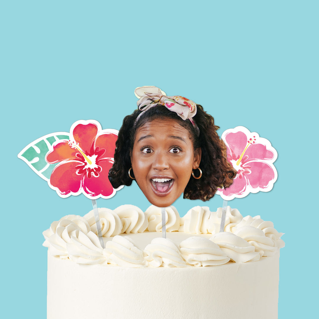 Hawaiian luau cake topper with photo face and hibiscus flowers