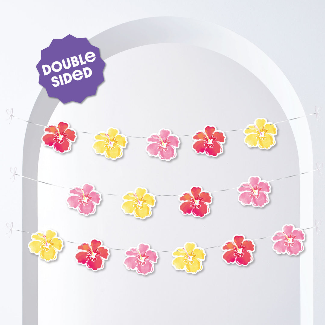 15-piece Hawaiian Luau tropical party garland banner with hibiscus and island icons.