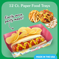 12-pack Hawaiian Luau themed paper food trays for tropical party snacks and meals.