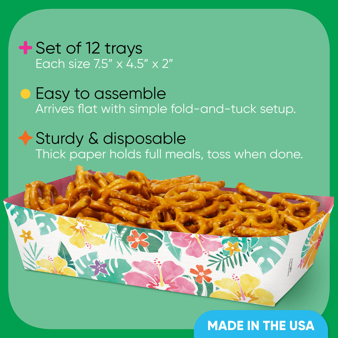 Tropical Hawaiian Luau party food serving trays with island beach print for birthday or summer parties
