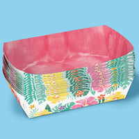 Disposable tropical luau paper snack boats for Hawaiian themed party décor and food service.
