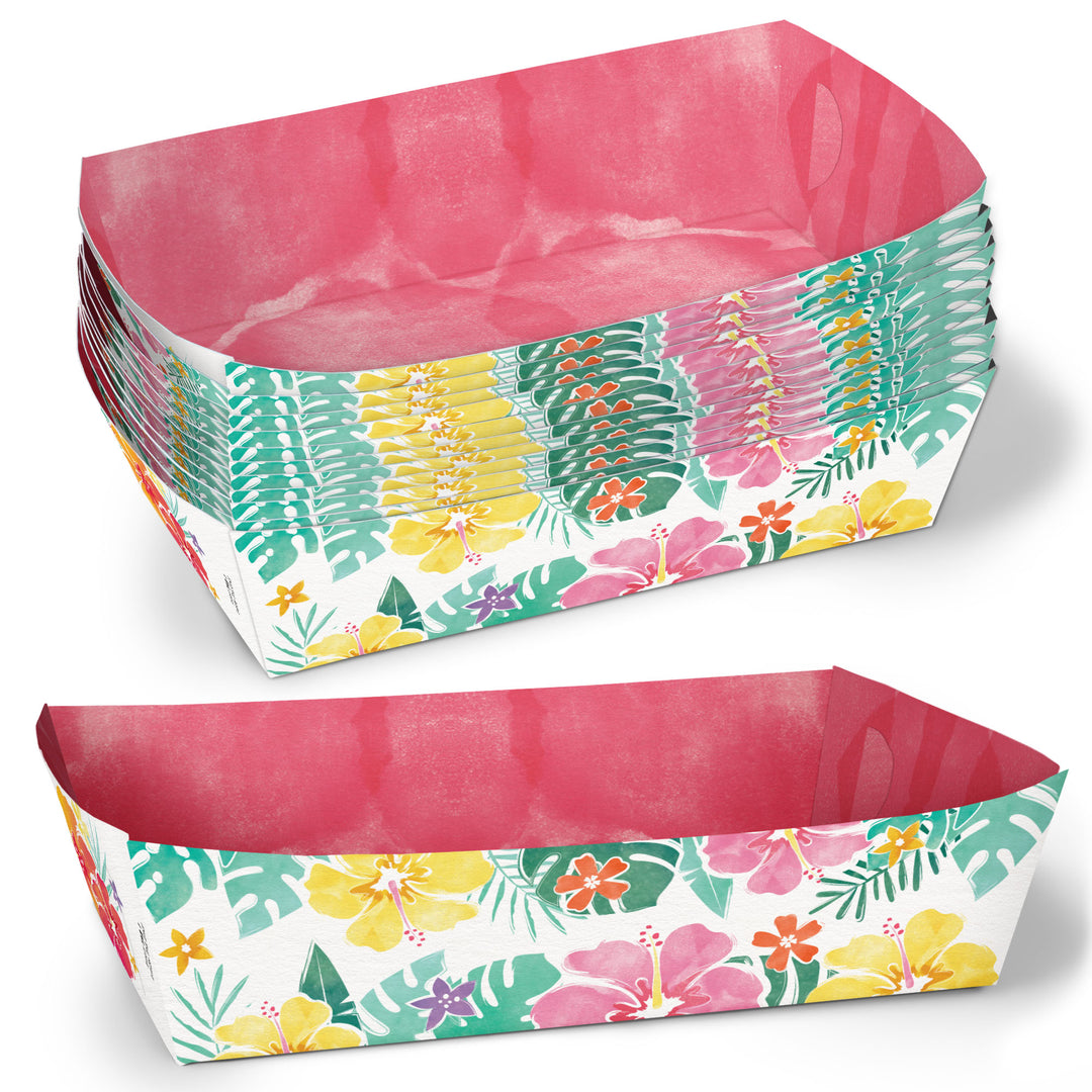 Hawaiian Luau paper food trays – 12 disposable tropical luau snack boats for Hawaiian beach party food table decorations.