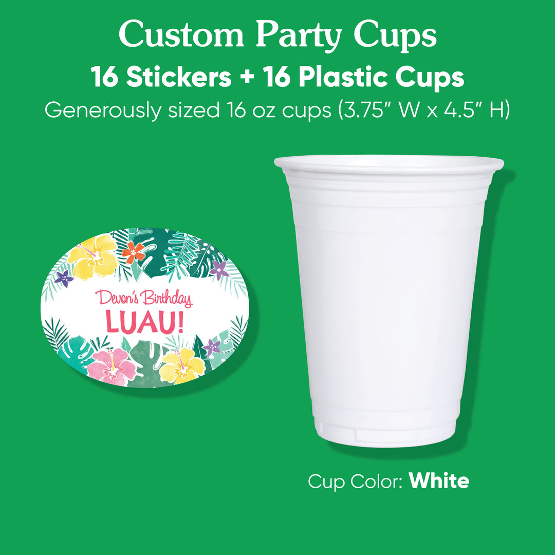 Custom Text Party Cups -  Hawaiian Luau - 16 Ct