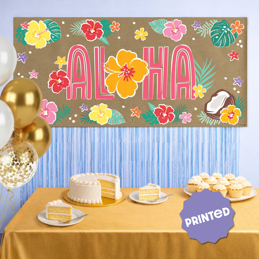 Tropical party backdrop with hibiscus flowers and palm leaves