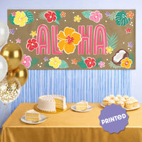 Tropical party backdrop with hibiscus flowers and palm leaves