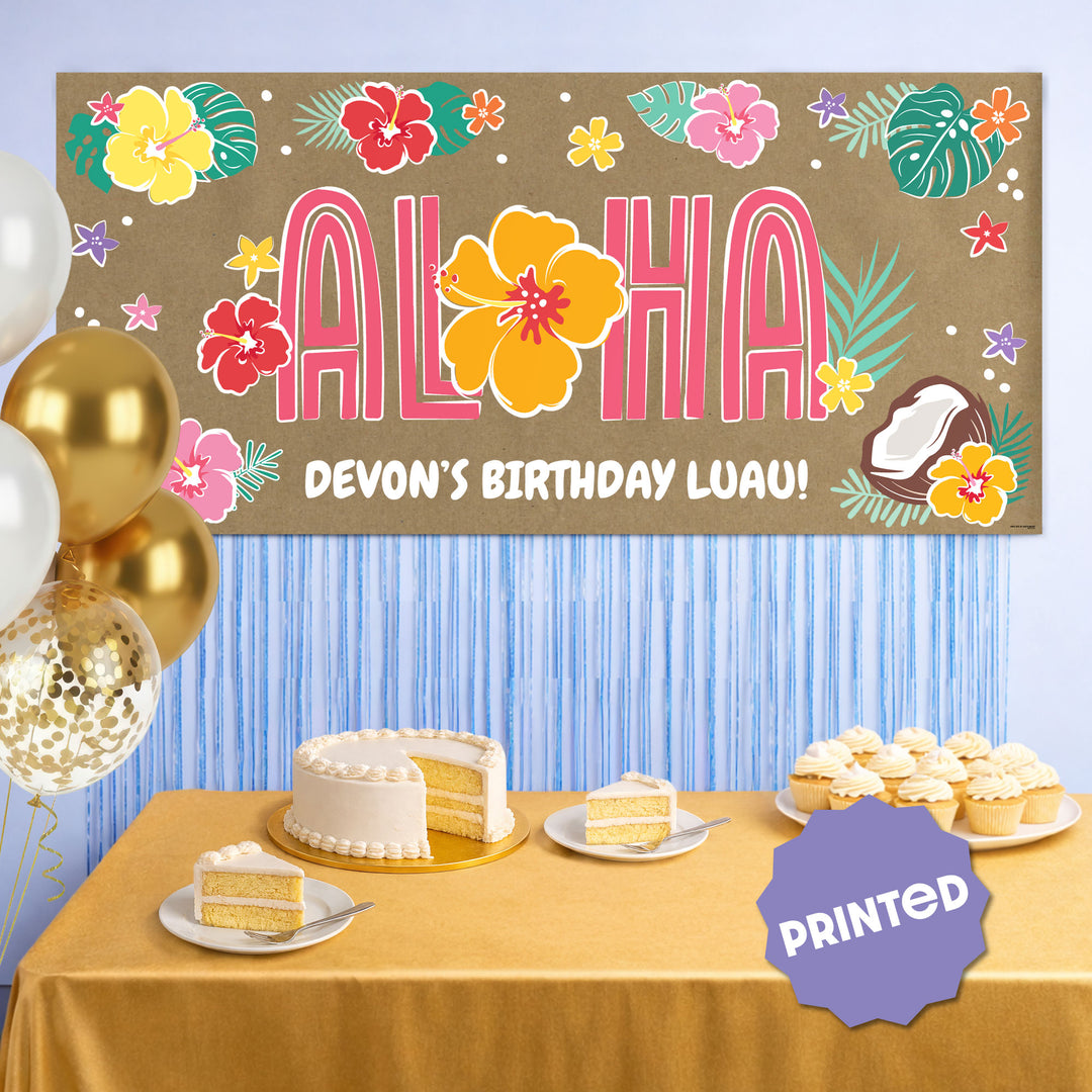 Island-themed party backdrop with personalized banner
