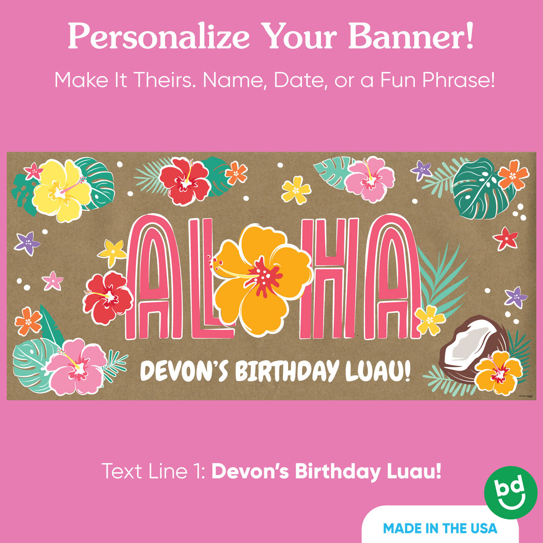 Custom name printed on tropical luau banner