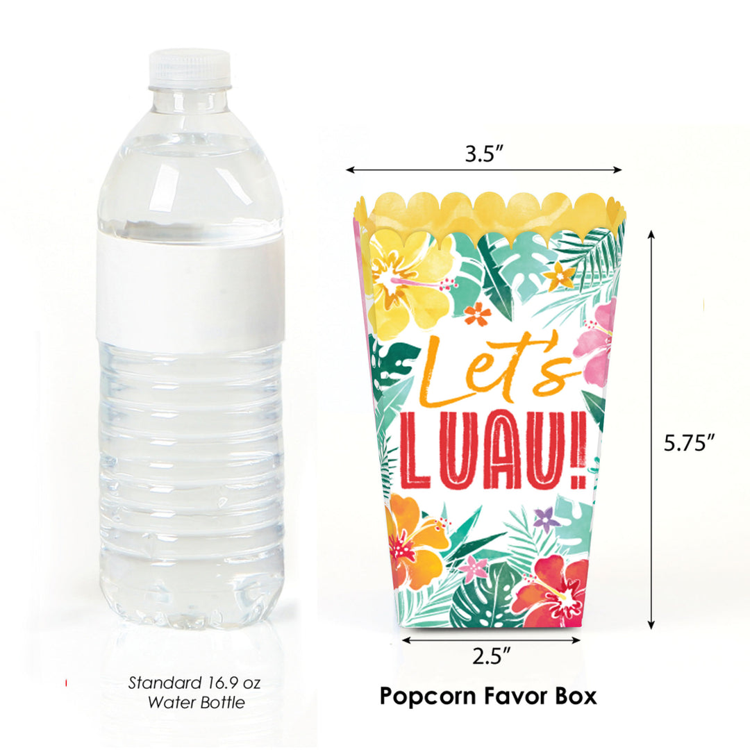 12-pack Hawaiian Luau party popcorn boxes with tropical hibiscus and tiki design.