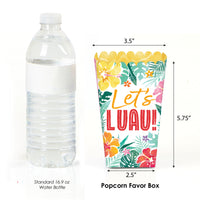 12-pack Hawaiian Luau party popcorn boxes with tropical hibiscus and tiki design.