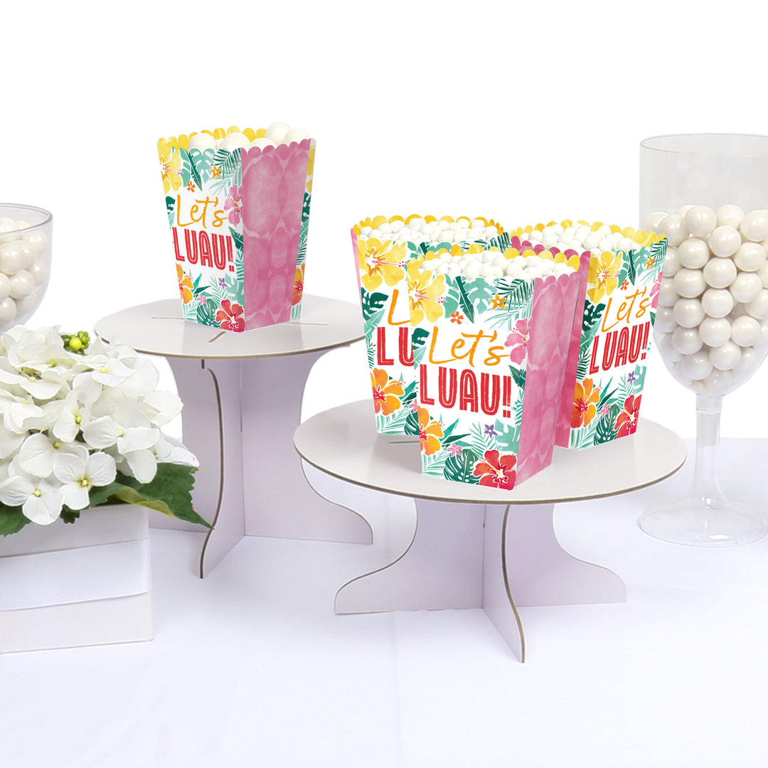 Tropical luau popcorn treat boxes for Hawaiian themed birthday or summer parties.