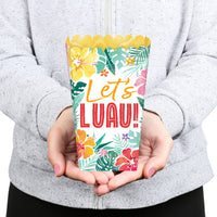 Disposable Hawaiian Luau snack boxes for popcorn, candy, and party favors.