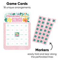 18-count Hawaiian Luau party bingo cards with tropical island icons for luau game activity.