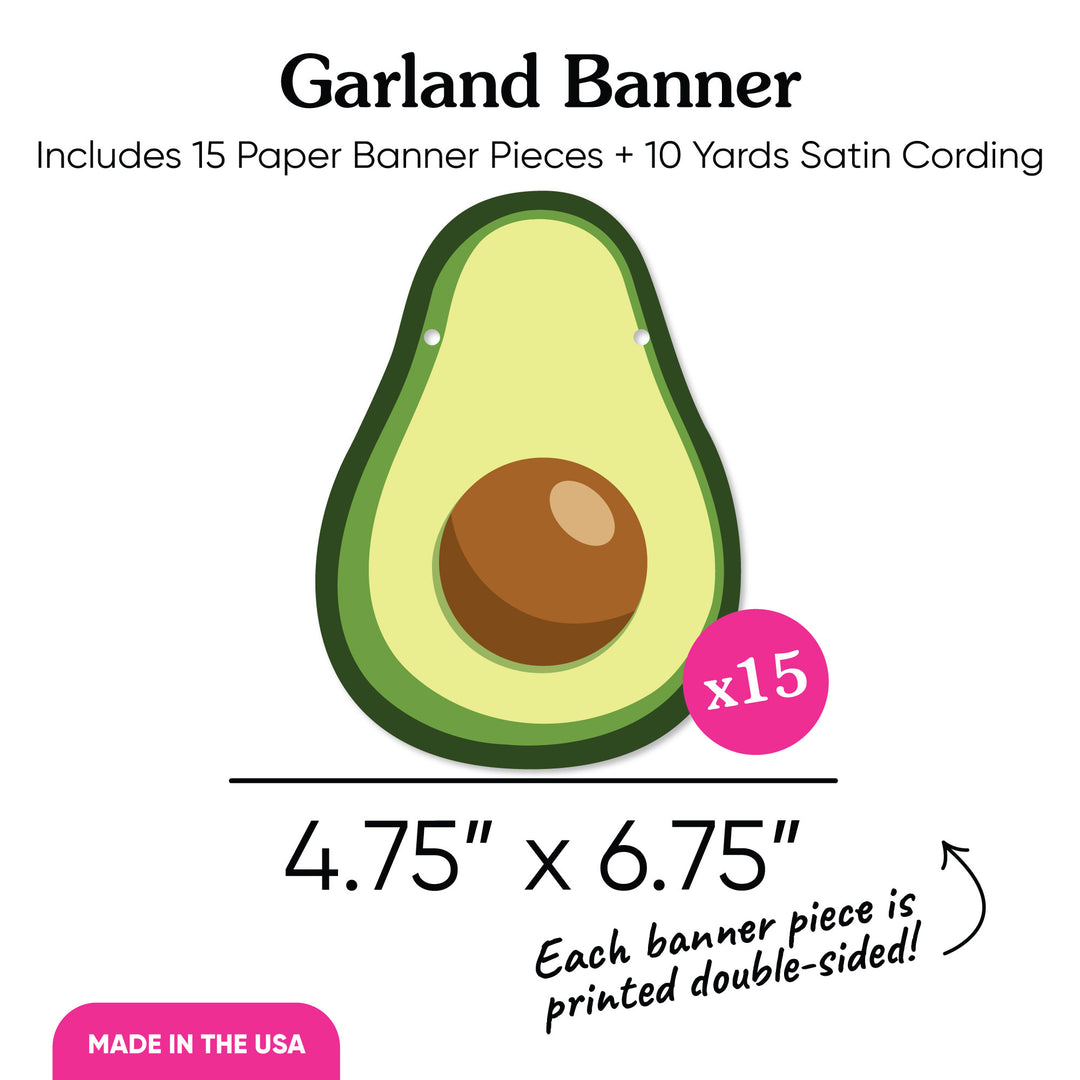 Avocado-themed paper banner with dimensions and product details on a white background