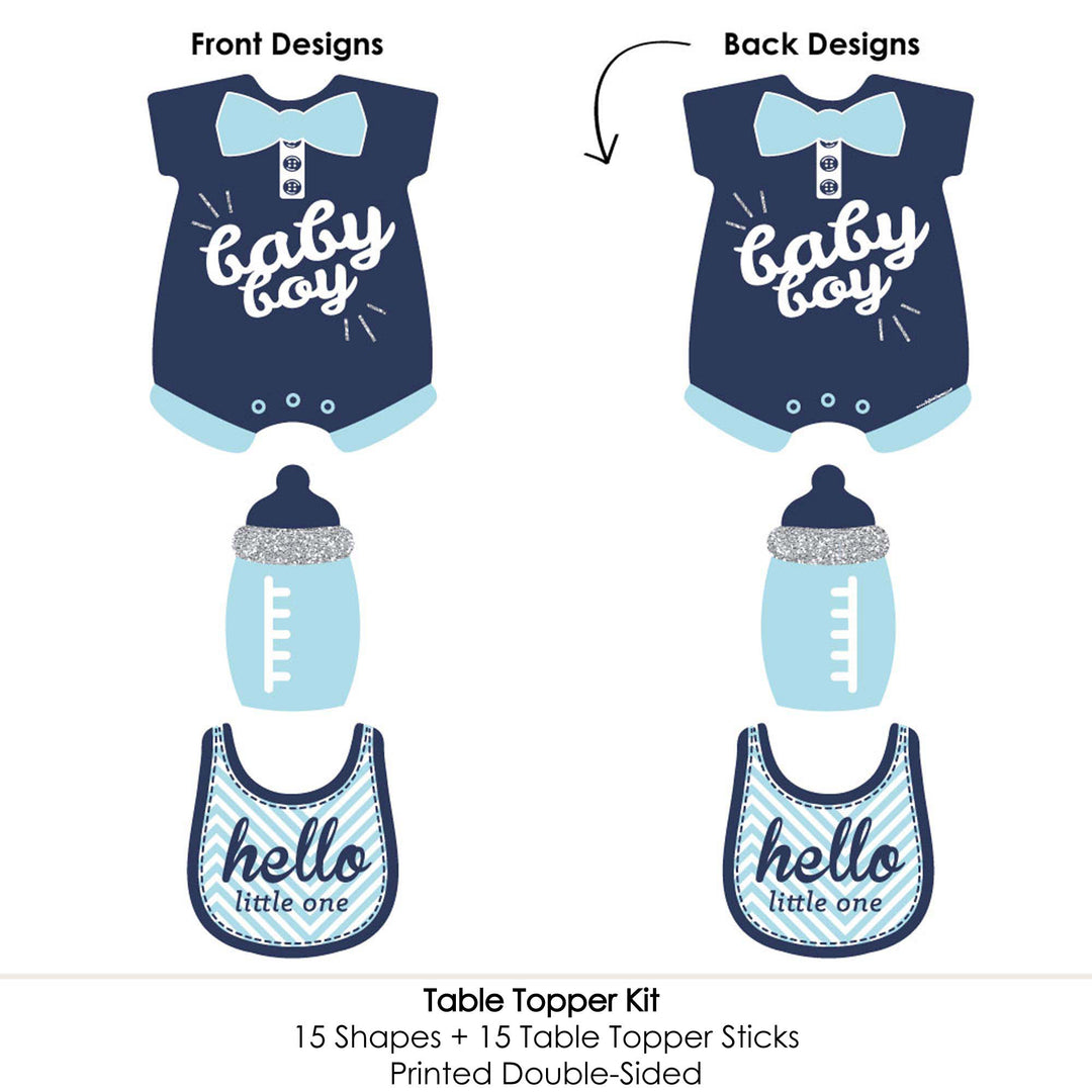 Hello Little One - Blue and Silver - Boy Baby Shower Party Centerpiece Sticks - Table Toppers - Set of 15