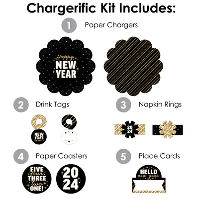 Hello New Year - 2024 NYE Party Paper Charger and Table Decorations - Chargerific Kit - Place Setting for 8