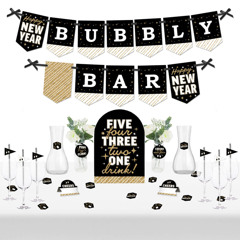 Hello New Year - DIY NYE Party Bubbly Bar Signs - Drink Bar Decorations Kit - 50 Pieces