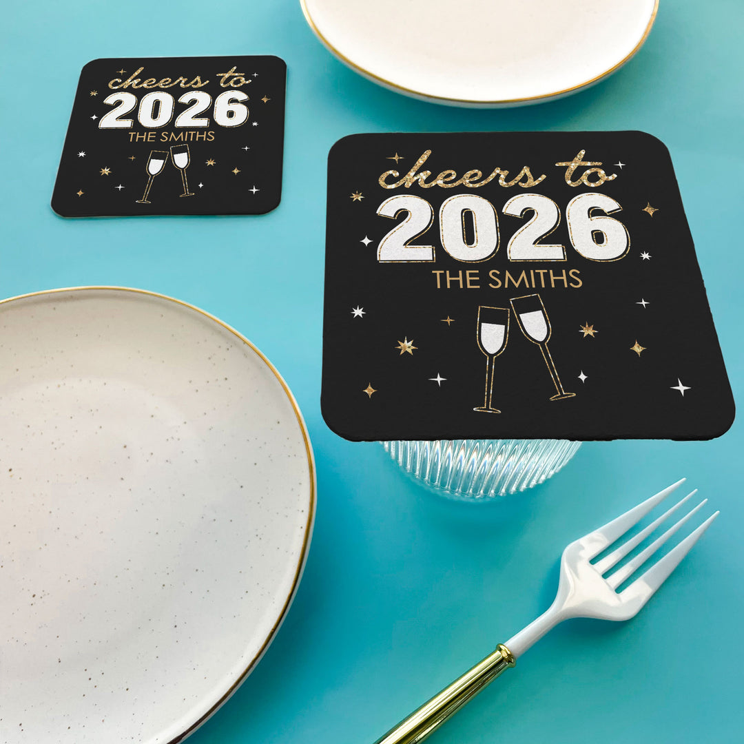 Custom Text Drink Coasters - Hello New Year - 25 Ct