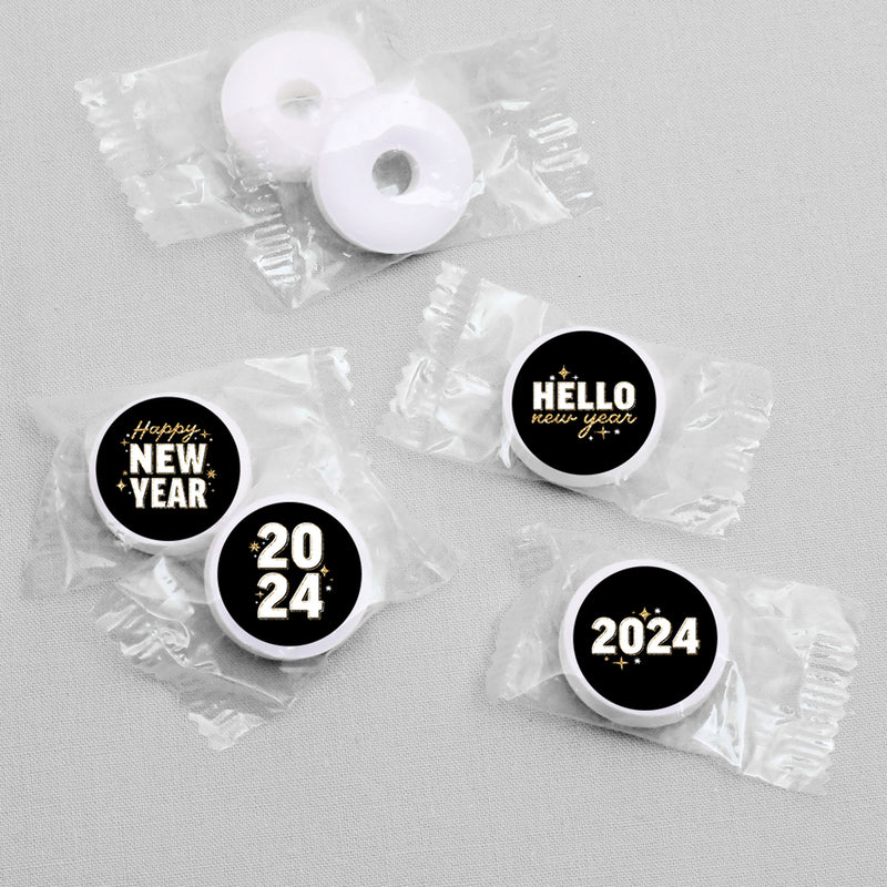 Hello New Year - 2024 NYE Party Round Candy Sticker Favors - Labels Fit Chocolate Candy (1 Sheet of 108)