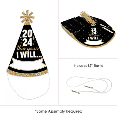 Hello New Year - Cone Party Hats - 2024 NYE Resolution Cone Party Hat For Kids And Adults - Set of 8 (Standard Size)